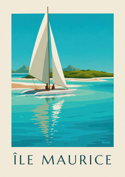 Póster de la Isla de los Ciervos y la laguna turquesa (título ISLA MAURICIO) : el póster completo