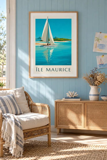 Póster de la Isla de los Ciervos y la laguna turquesa (título ISLA MAURICIO) : enmarcado en la pared