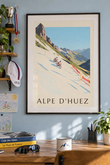 Póster de Alpe d'Huez, bicicleta de montaña sobre la nieve : enmarcado en la pared