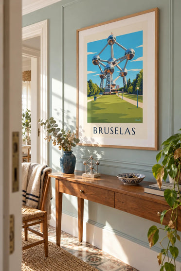 Póster del Atomium de Bruselas y los céspedes del parque: enmarcado en la pared