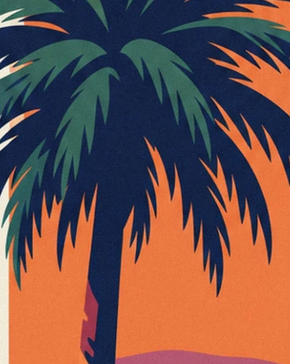 Green and dark blue palm fronds on a bright orange background