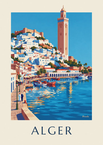 Póster de la Casbah blanca de Argel descendiendo hacia el Mediterráneo: el póster completo