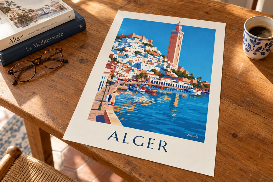 Póster de la Casbah blanca de Argel descendiendo hacia el Mediterráneo: sobre una mesa