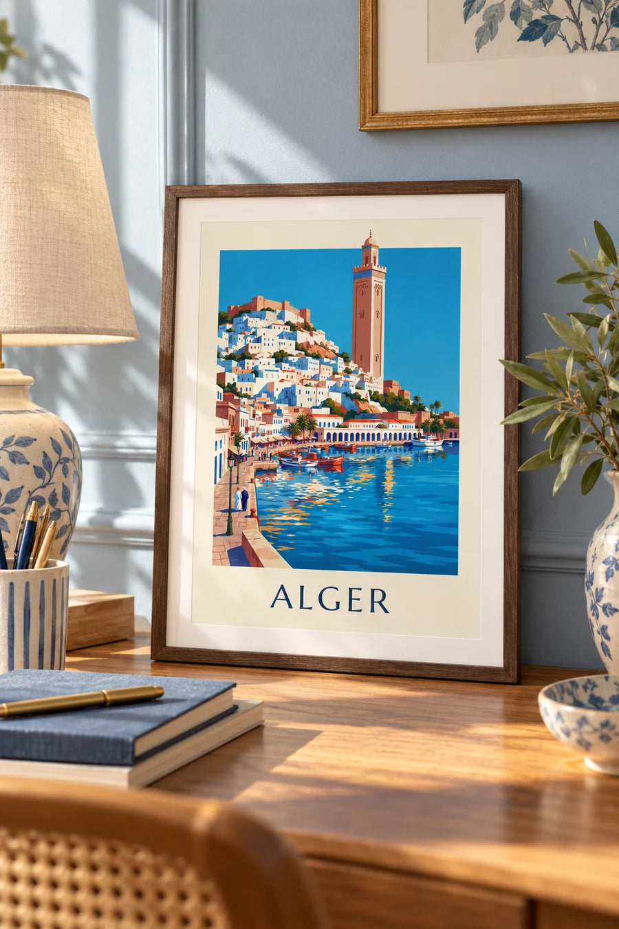 Póster de la Casbah blanca de Argel descendiendo hacia el Mediterráneo: lámina pequeña A4 enmarcada