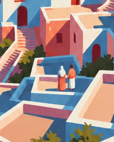 Two people in white and orange on a terrace lined with blue walls