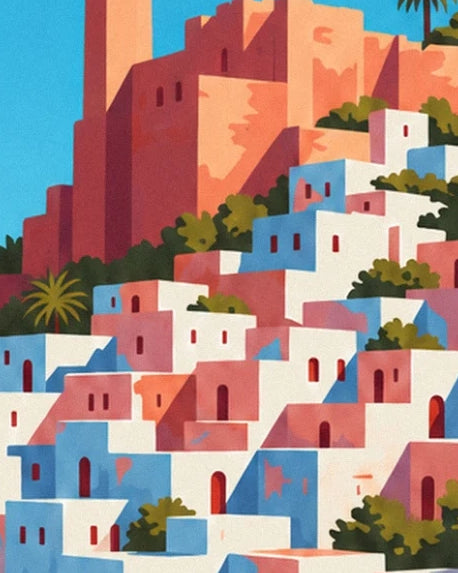 The white and blue houses of the Casbah beneath tall ochre façades