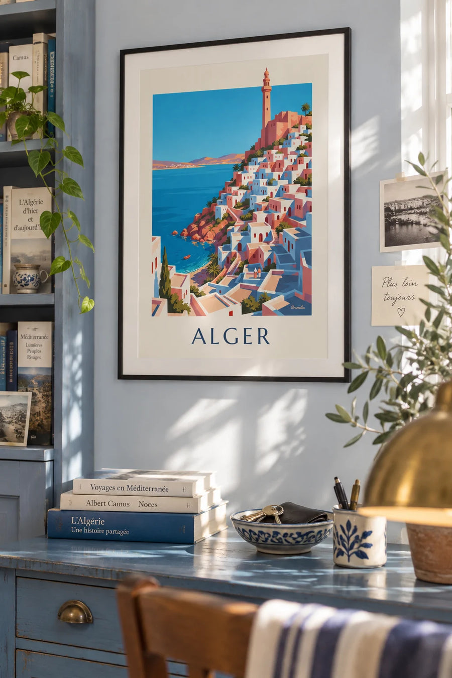 Poster of the white Casbah of Algiers descending to the Mediterranean: framed on the wall