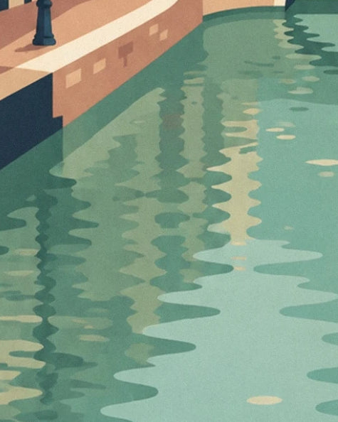 Rippling pale green and cream reflections in the canal, below the brick quay