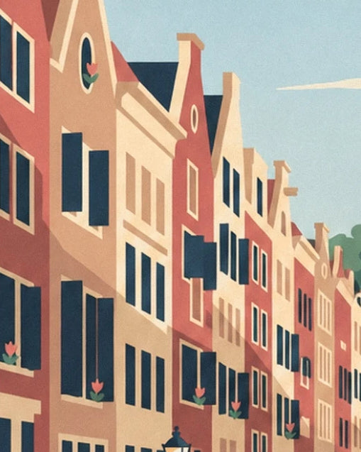 Gabled houses with ochre and coral façades, dark windows and red flowers