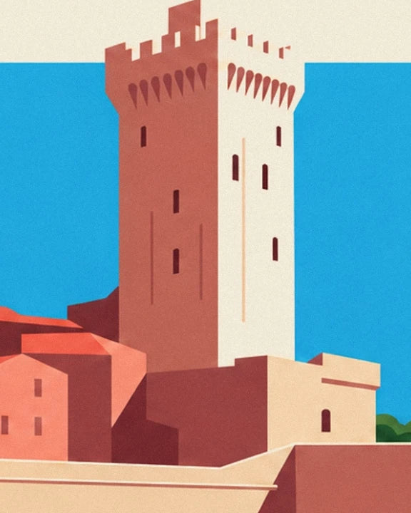 The crenellated tower of château Grimaldi, between ochre façades and turquoise sea