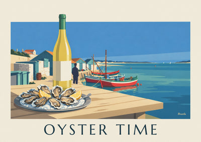 Póster de ostras y vino blanco de la cuenca de Arcachon: el póster completo