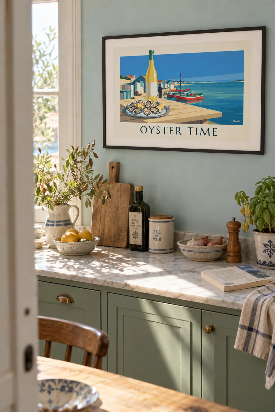 Póster de ostras y vino blanco de la cuenca de Arcachon: enmarcado en la pared