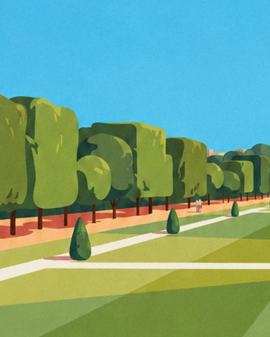 The large trees clipped into blocks along the path, with a small cone of greenery in the foreground