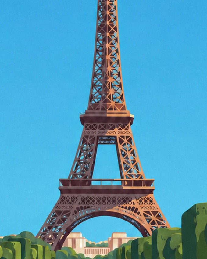 The tour Eiffel in orange-brown iron beneath a blue sky, above the clipped hedges