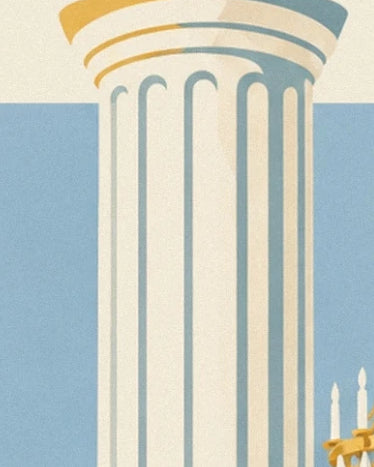 A fluted ivory column with a wide capital against a pale blue background
