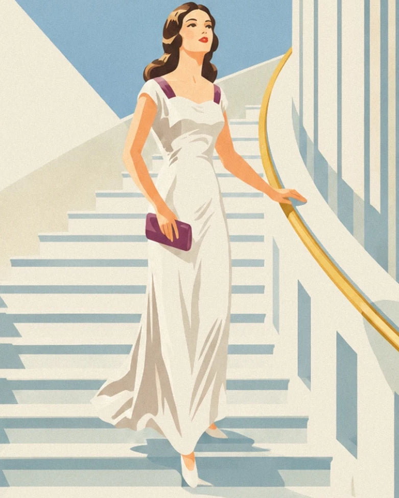 A woman in an ivory dress, holding a purple clutch, on the grand staircase