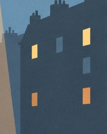 Les façades bleu nuit aux fenêtres jaunes et orangées, coiffées de cheminées