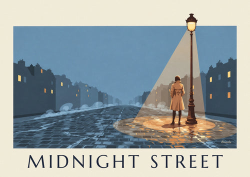 Affiche femme en trench-coat sous un réverbère la nuit : l'affiche entière