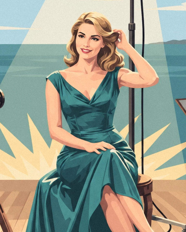 The blonde woman in a green dress, with a hand in her hair, sitting beside a spotlight