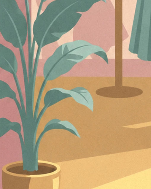 A plant with broad green leaves in an ochre pot, near a clothes rail