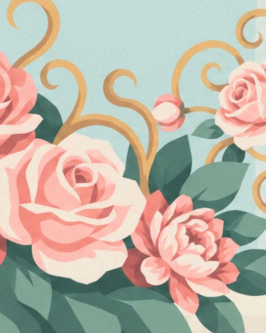 A pale pink rose and an open peony in front of golden arabesques