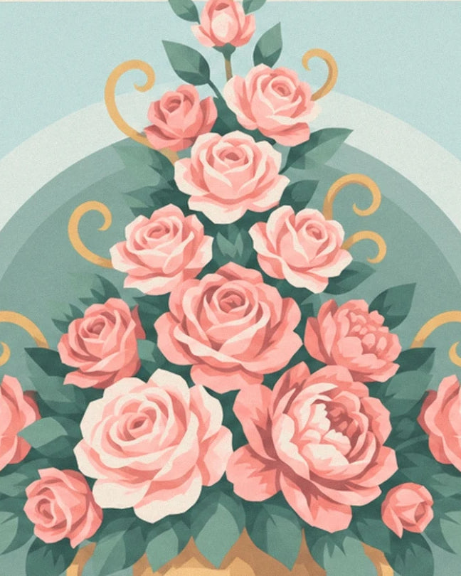 A spray of pink roses and peonies among green leaves and golden scrolls