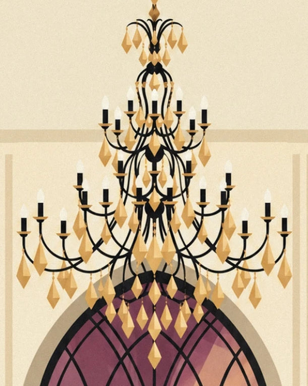 A black chandelier with golden pendants in front of a mauve-toned arched window