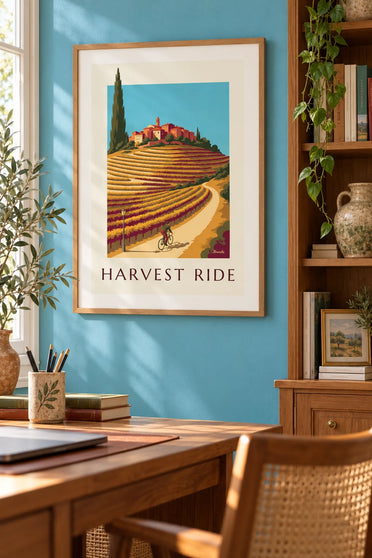 Póster ciclista entre viñedos en otoño: enmarcado en la pared