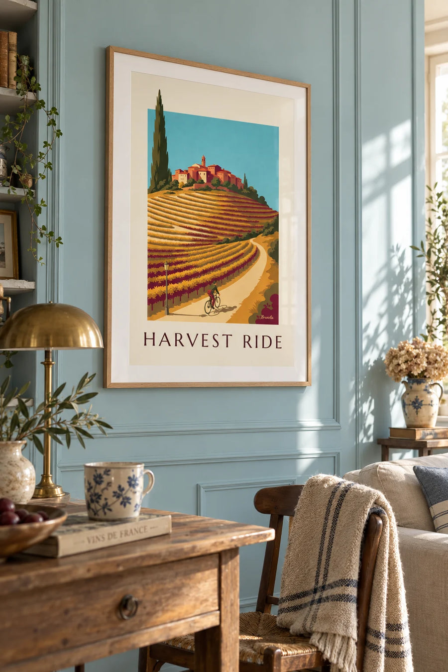 Poster of a cyclist in the vineyards in autumn: framed on the wall