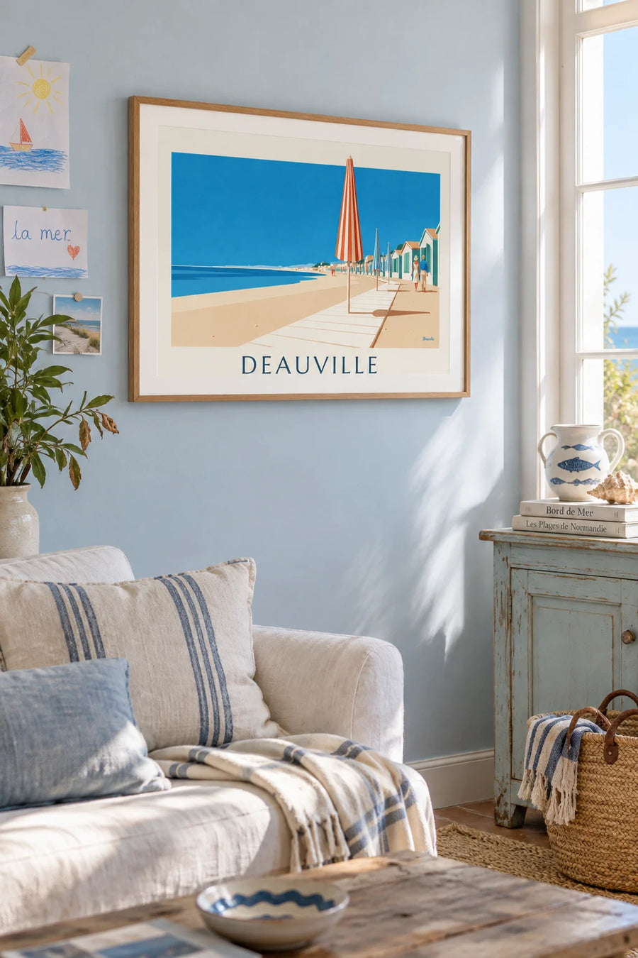 Colorful parasols and boardwalk of Deauville beach poster: framed on the wall