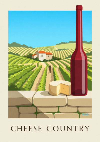 Poster of farmhouse cheese and red wine in front of the vineyards: the full poster