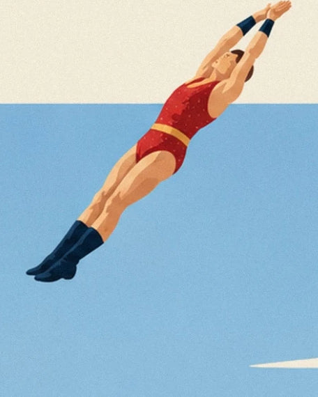 The human cannonball in a red outfit, arms outstretched and blue boots in the sky