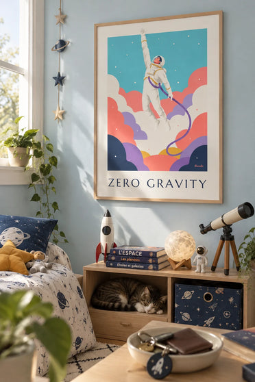 Poster of a weightless astronaut floating among nebulae: framed on the wall