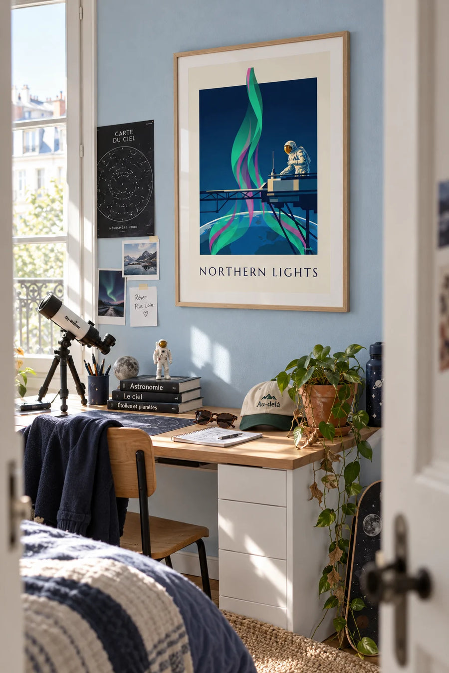 Poster of the northern lights seen from space by an astronaut: framed on the wall