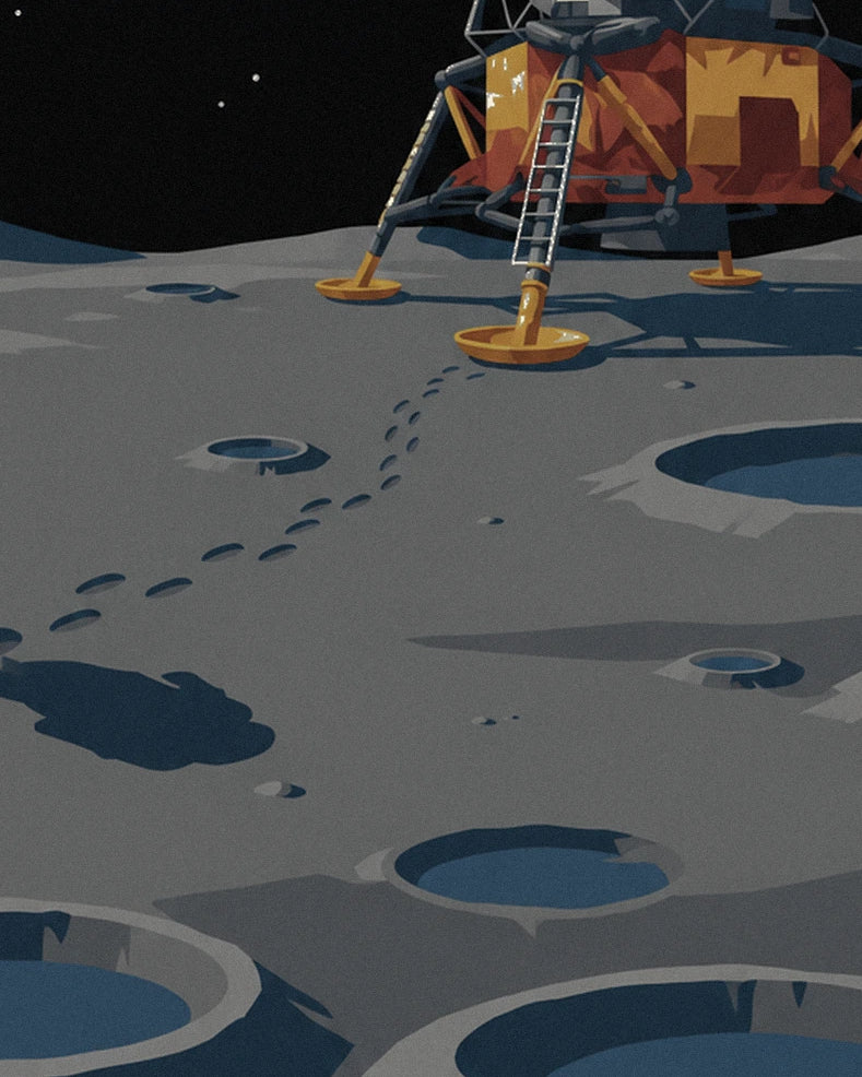 Astronaut walking toward the lunar module on the Moon poster: close-up detail