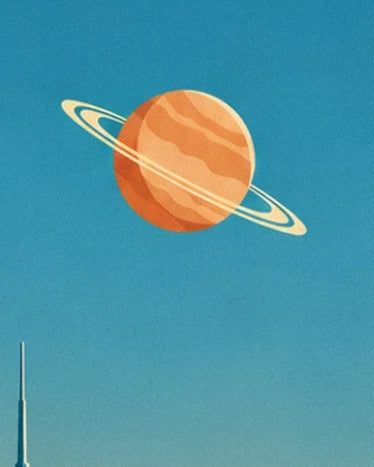 Une planète orange striée de bandes claires, entourée d’anneaux dans le ciel bleu