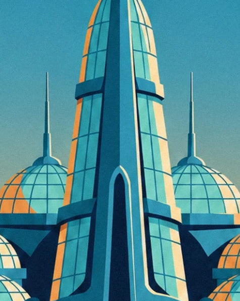 La haute tour vitrée turquoise entourée de dômes de verre aux reflets orangés