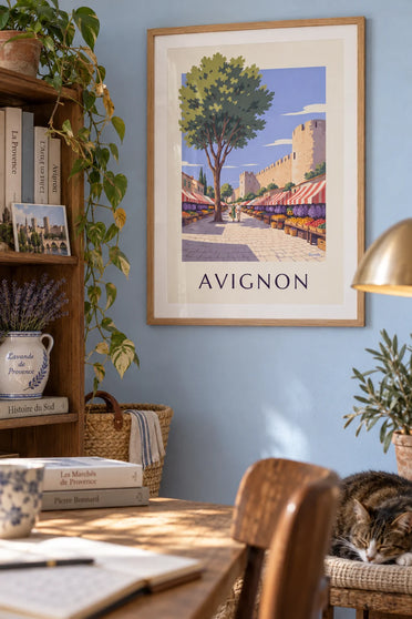 Póster de mercado provenzal y lavanda en Aviñón: enmarcado en la pared