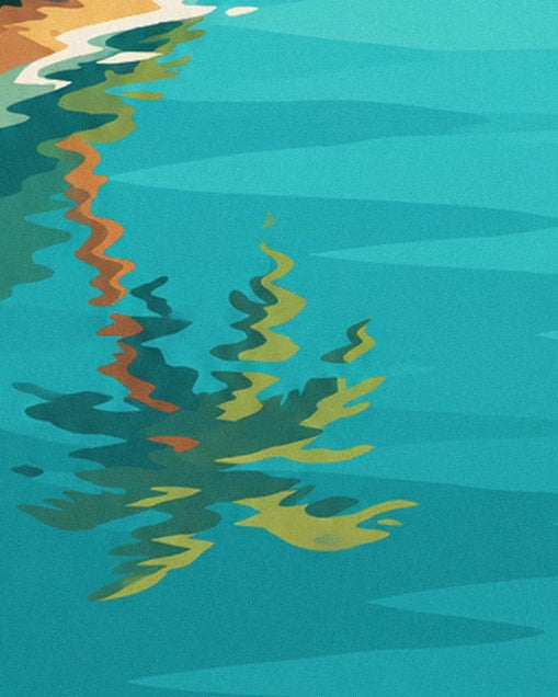 The rippling orange and green reflections on the turquoise lagoon water