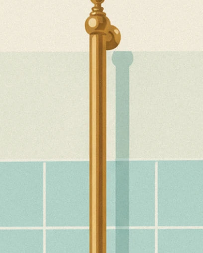 The brass upright and its shadow on the cream wall with sea green tiles