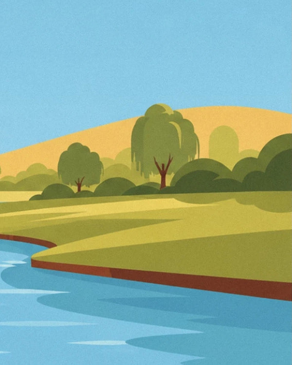The green grassy bank sloping towards the river, with willows and an ochre hill in the distance