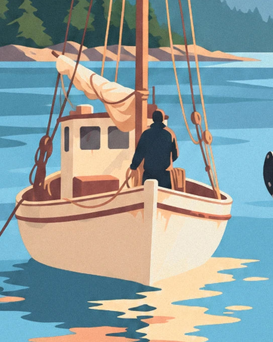 Le marin en veste sombre à la proue du bateau crème à liséré rouge brique