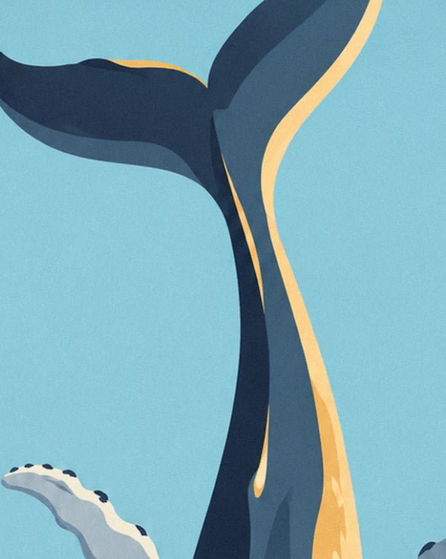 La queue dressée de la baleine, bleu sombre et bordée d'or sur fond turquoise