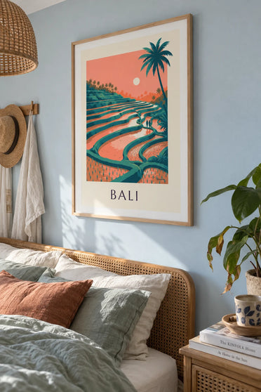 Póster de los arrozales en terrazas de Bali al atardecer: enmarcado en la pared