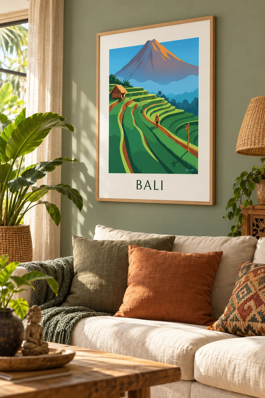 Póster de los arrozales en terrazas de Bali y el monte Agung al amanecer: lámina enmarcada en la pared