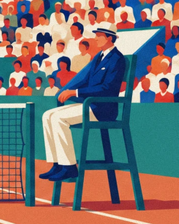 The umpire in a blue jacket and pale hat on the tall green chair