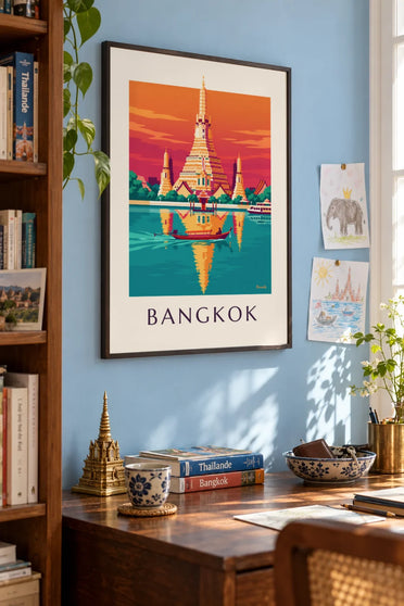 Póster del templo Wat Arun a orillas del río en Bangkok: enmarcado en la pared