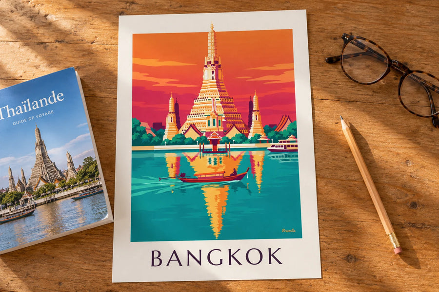 Póster del templo Wat Arun a orillas del río en Bangkok: sobre una mesa