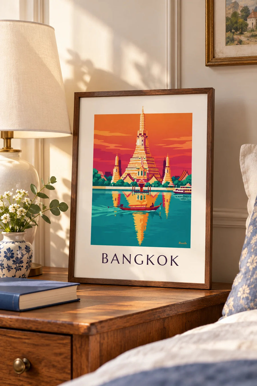 Póster del templo Wat Arun a orillas del río en Bangkok: formato pequeño A4 enmarcado