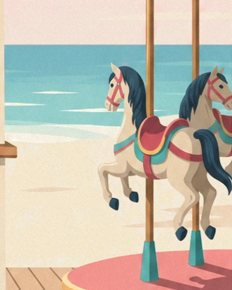Les chevaux du manège, selle rouge et crinière bleu nuit, face à la mer